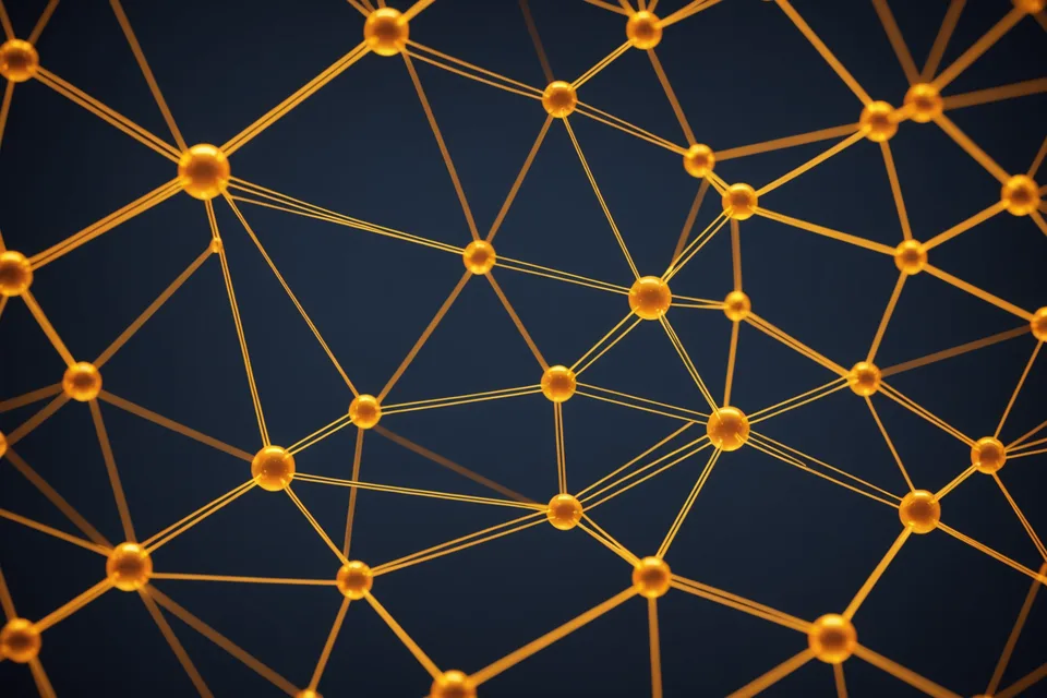 Abstract network of interconnected document nodes and data points in deep navy and amber